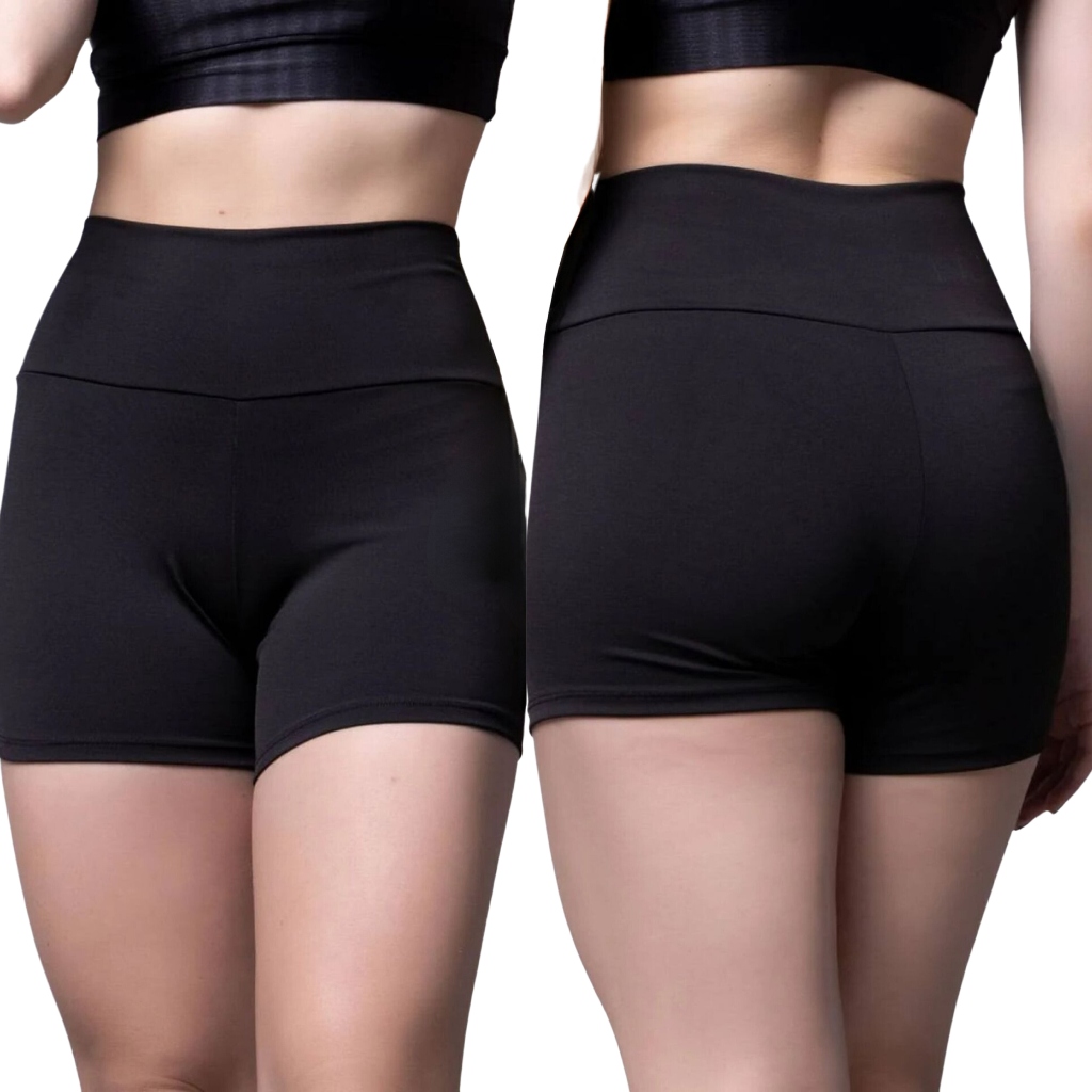 Shorts Fitness Preto Reforçado Zero Transparência Feminino Legging Cós Alto Bermuda Academia Treino Caminhada Corrida Ciclismo Ginastica