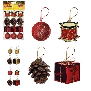 kit com 12 enfeites p / arvore de natal  presente pinha bolinha tambor