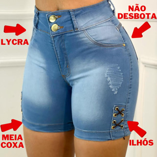 MAIS VENDIDO! Short Jeans Feminino Meia Coxa Empina Bumbum Detalhe em Ilhós com Lycra Pedalete Jeans Bermuda Feminina Modelo Ciclista Alta Qualidade