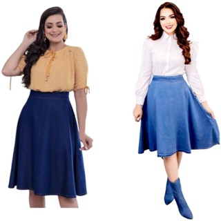 Saia Evangélica Cristã Jeans Midi Evasê Rodada Plus Zize Zíper Cintura Média