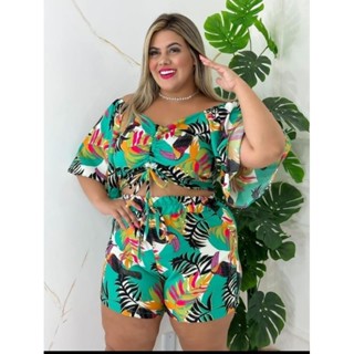 conjunto plus size shorts e cropd estampado de elastex GG e g1