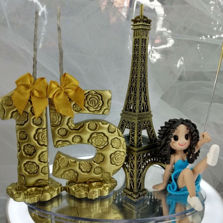 torre eiffel vela topo para festa 15 anos boneca com vareta vestido azul