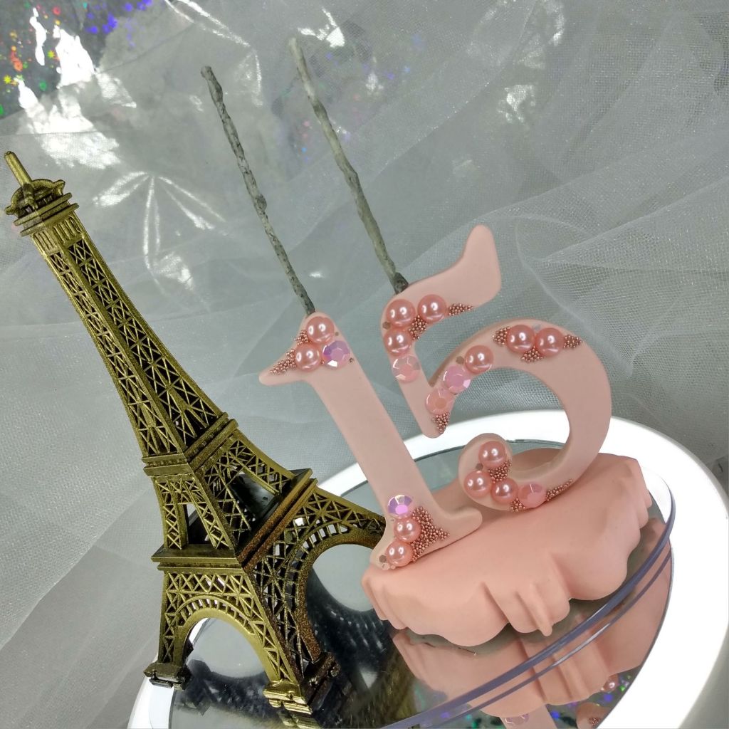 vela topo topper 15 anos paris torre  eiffel rose salmão pessego coral dourado com perolas