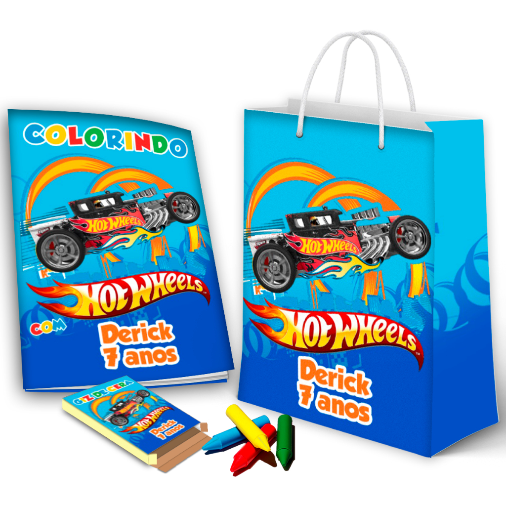 10, 20, 30 ou 40 sacolinha + revistinha de colorir + giz de cera hot wheels kit festa de aniversário (envio rápido)