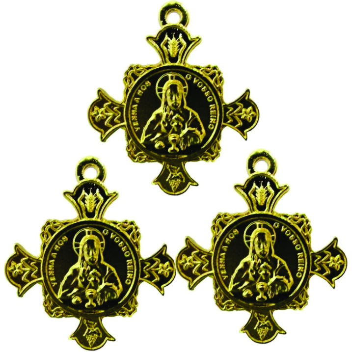 Kit c/ 3 Medalhas em Cruz dourada para fitas do Apostolado da Oração