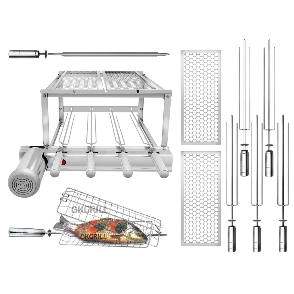 Gira Grill Churrasqueira Inox - 4 Espetos Giratórios + 2 Grelhas Moedas + Grelha Giratória Peixe e Frango