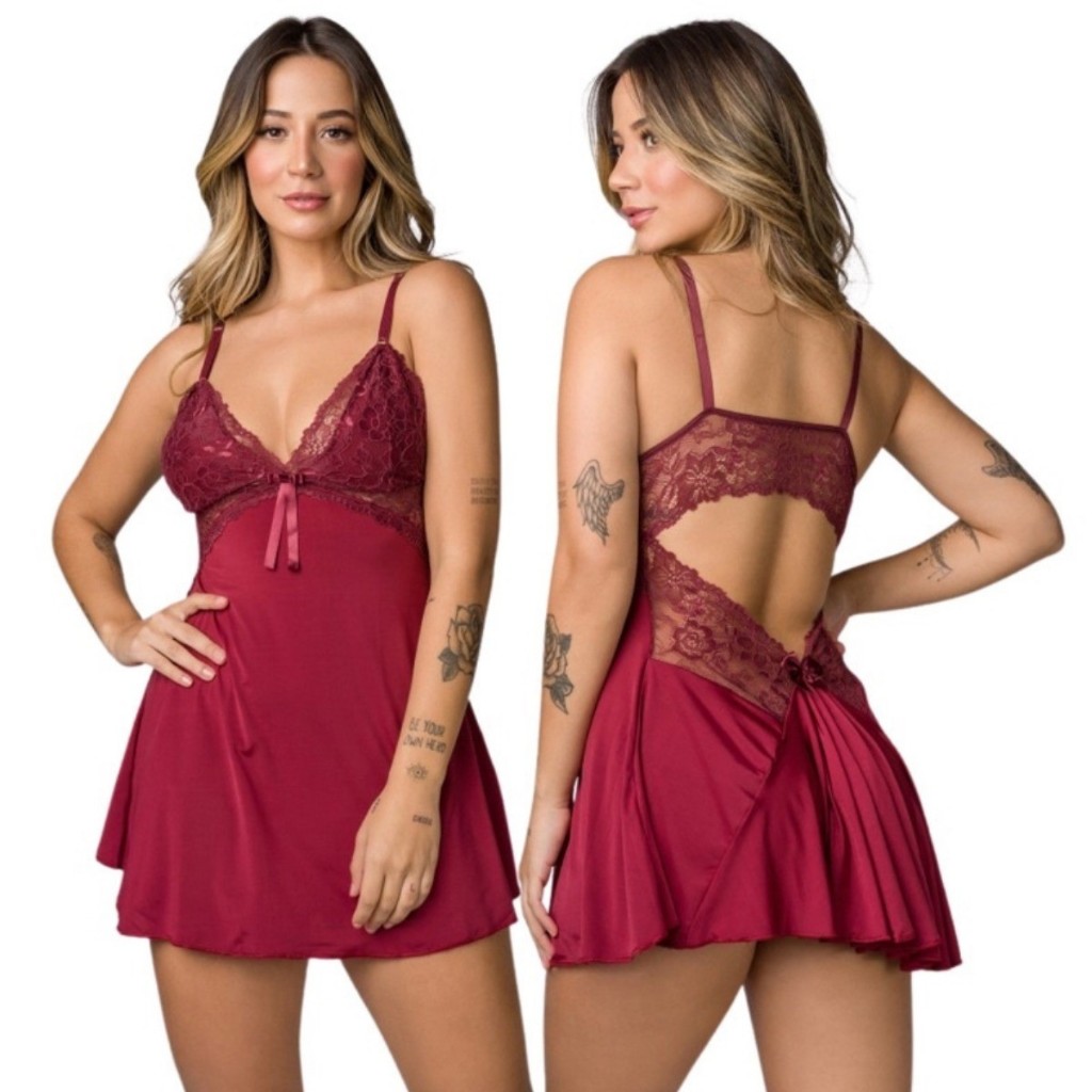 Camisola  Sem Bojo com Calcinha Renda Regulável Feminina Renda Linha Noite Lingerie