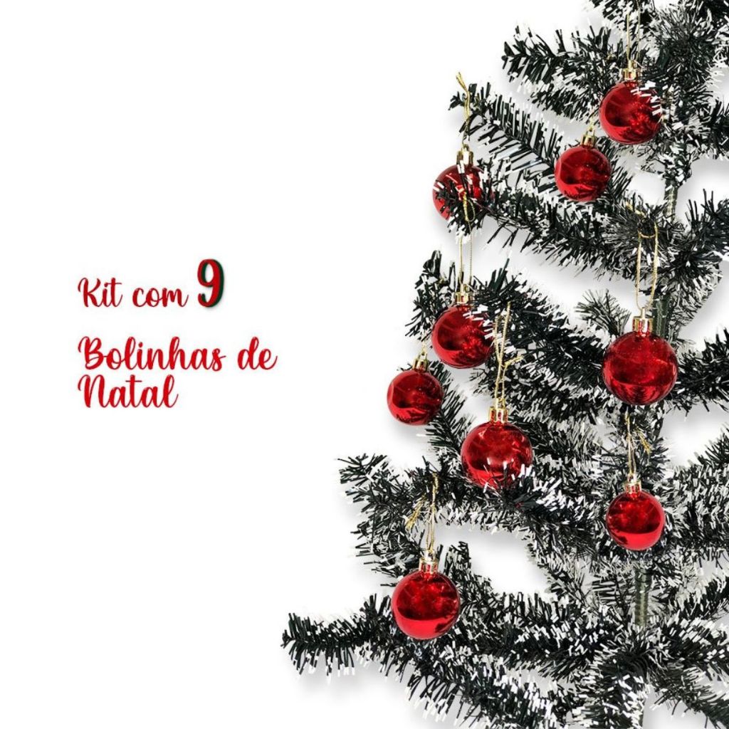 Kit com 09 Bolas De Natal de Enfeite Tamanho Padrão 6cm Vermelha