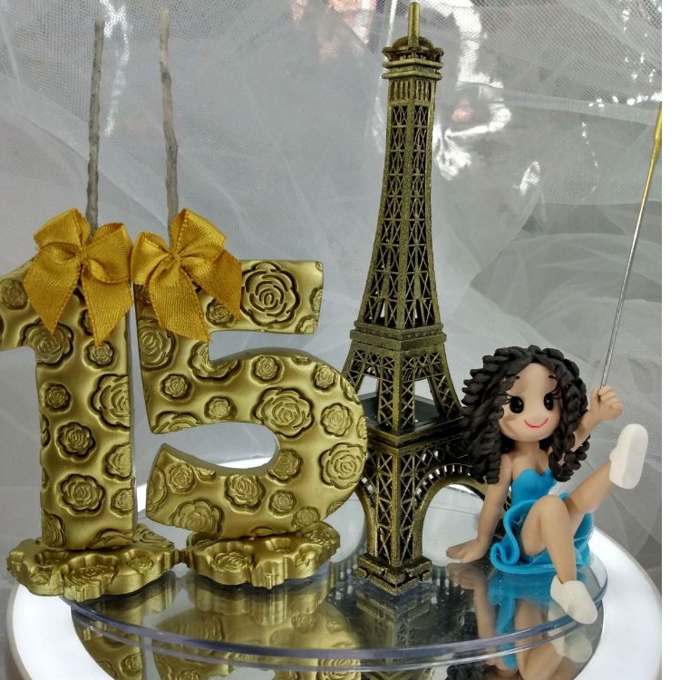 topo vela topper 15 anos torre eiffel paris debutante dourado com azul