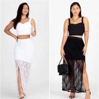 Conjuto Saia Longa E Cropped Com Renda Fenda Festa Reveillion