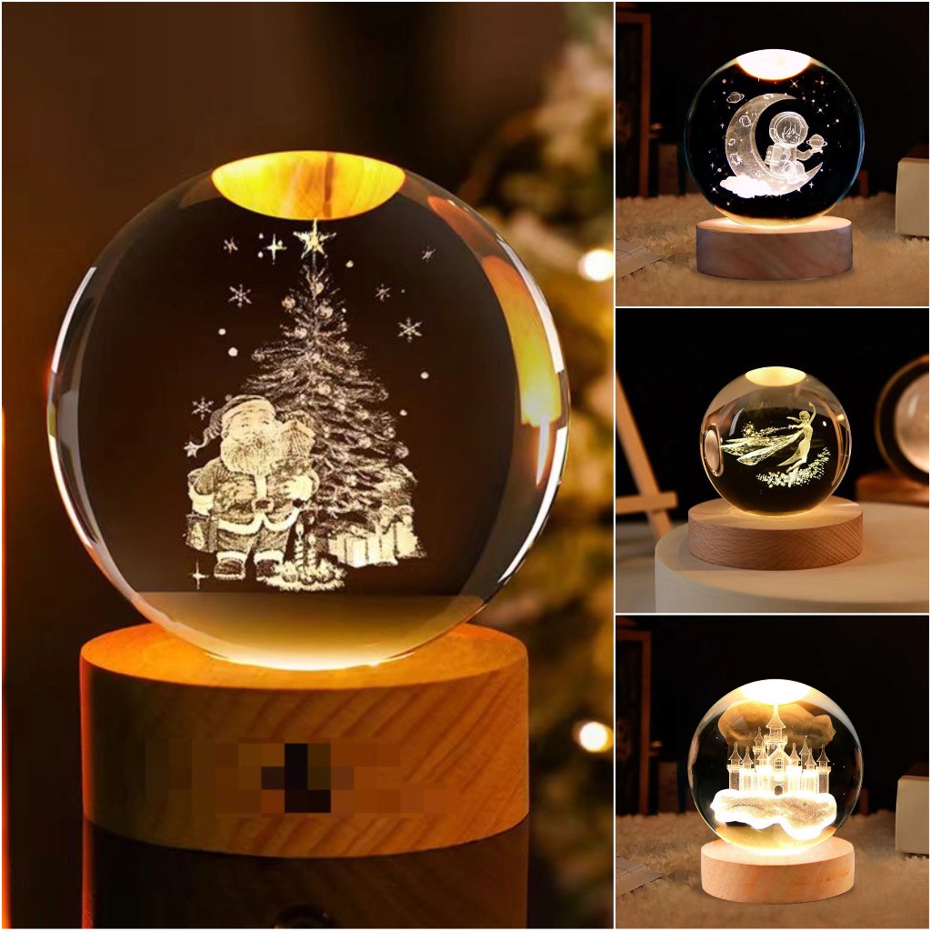 Mini Luminária LED Globo De Vidro 3D Com Interruptor e Cabo USB e Base de Madeira,Decorativa de luz