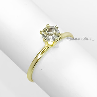 Anel Feminino Solitário com Pedra de Strass Cristal Banhado a Ouro