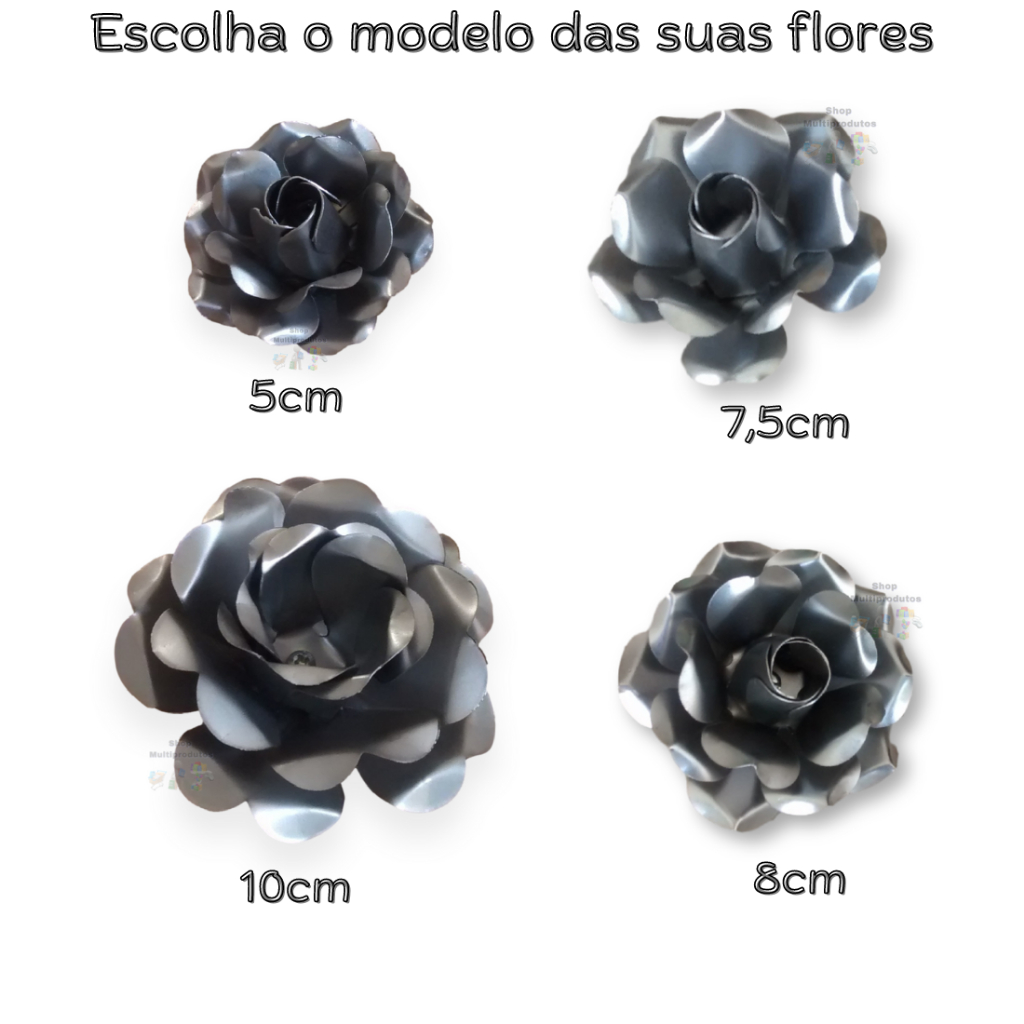 Kit 3 Flores Rosa Artificial Ferro para Artesanato Sem Pintura Com Parafuso- Escolha a sua 5cm / 7,5cm / 8cm ou 10cm