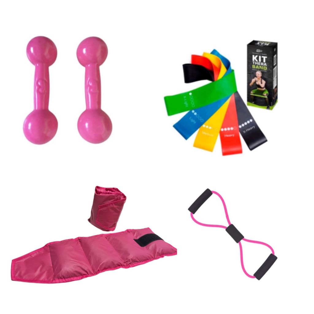 Par Peso Halter 3 Kg Emborrachado + Caneleira 3 Kg + Kit Theraband + Elástico Multifuncional