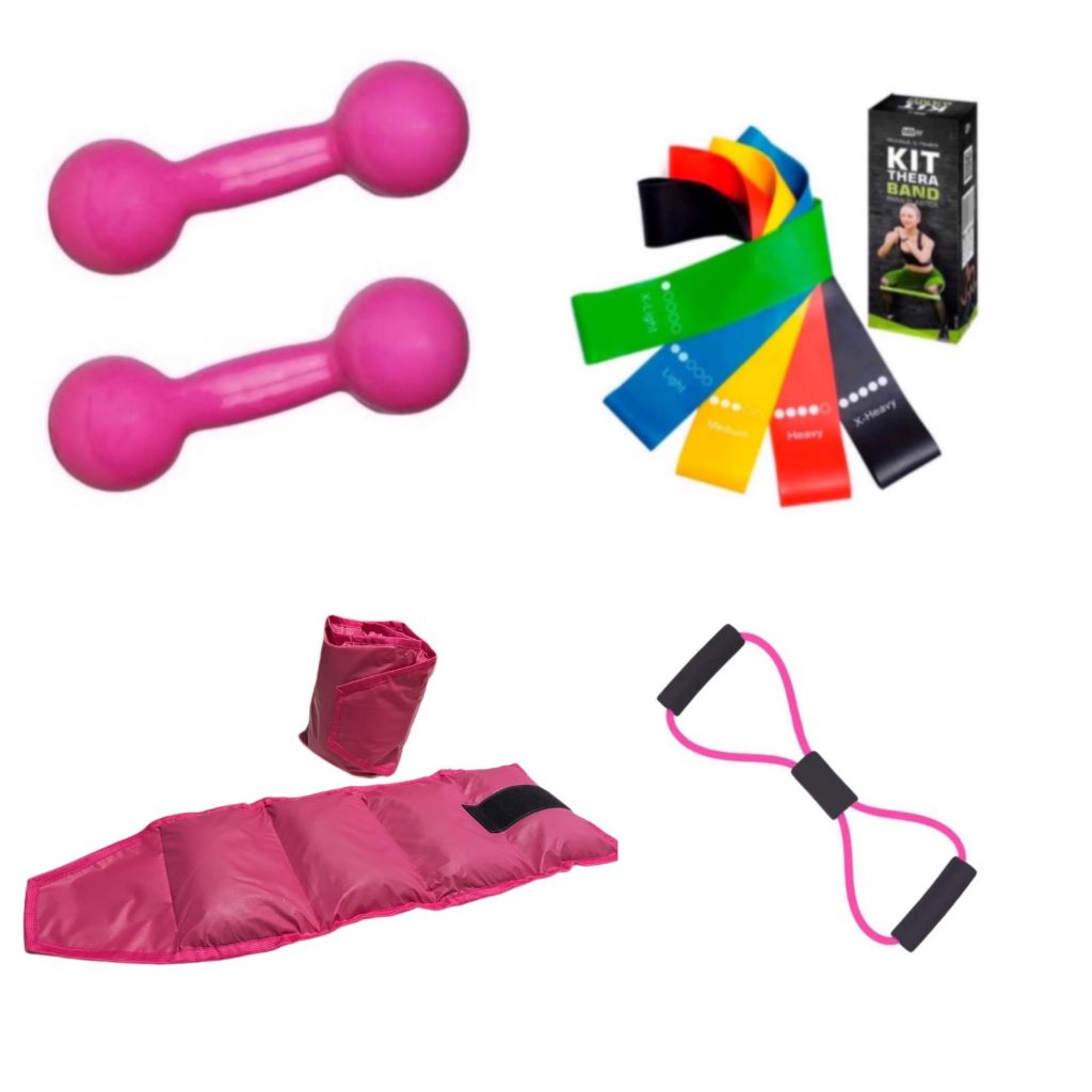 Par Peso Halter 1 Kg Emborrachado + Caneleira 1 Kg + Kit Theraband + Elástico Multifuncional