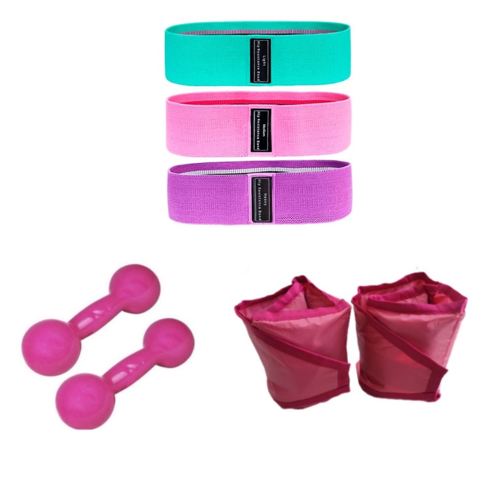 Kit Fisioterapia Par Halter 2 Kg + Caneleira 2 Kg + Kit 3 Theraband Faixas Elásticas Tecido