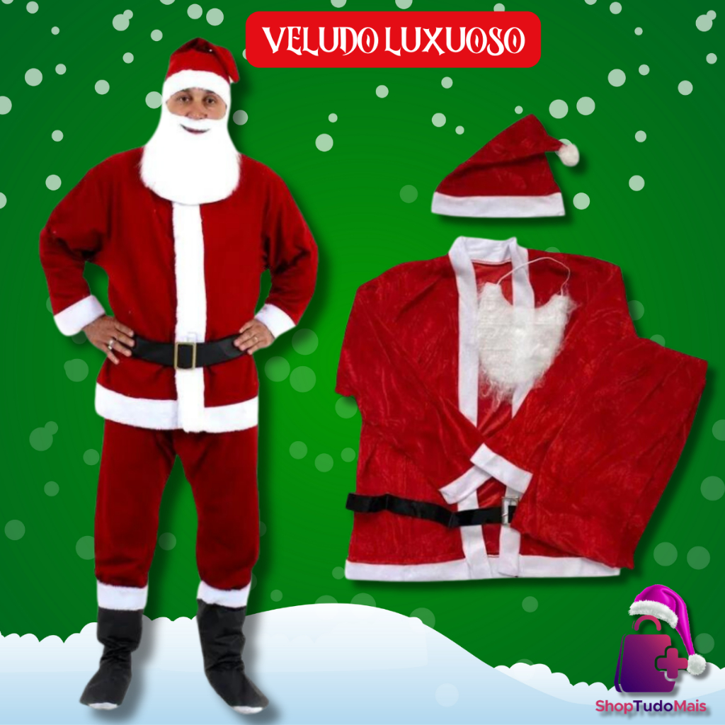 Roupa De Papai Noel Veludo Tamanho Único Com Blusão Gorro Cinto Calça E Barba 5 Peças Traje Fantasia Completa