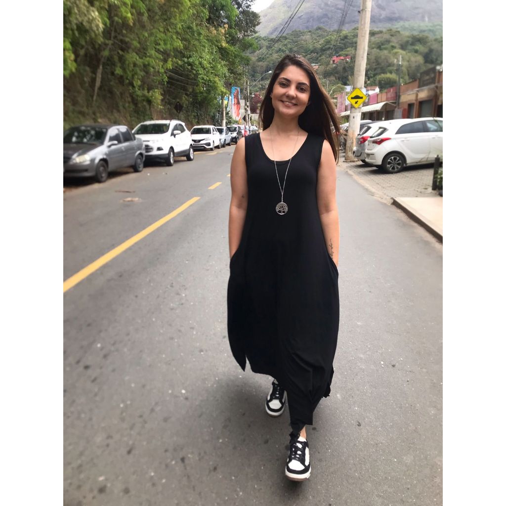 Vestido Liso Longo com Fenda Lateral e Bolso Vestidos Feminino de Malha Viscolycra Roupas Femininas