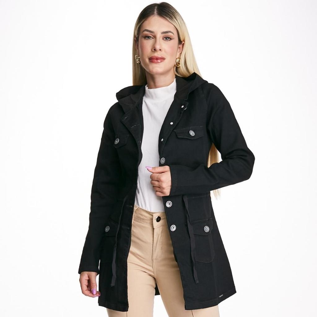 Jaqueta Jeans HNO Jeans Influencer Parka Premium Com Capuz Preto