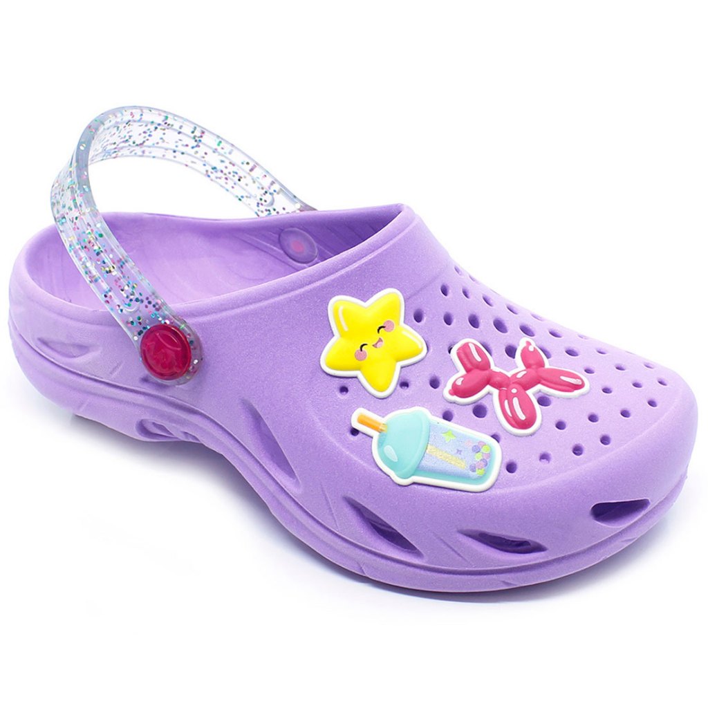 Babuche Sandália Chinelo Papete Infantil Plugt Menina Patches Estrela Glitter Lilás em Oferta na Shopee