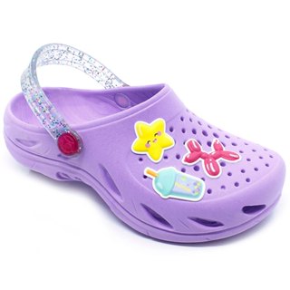 Babuche Sandália Chinelo Papete Infantil Plugt Menina Patches Estrela Glitter Lilás
