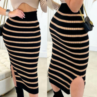 saia midi de tricot listrada canelada com fenda do lado saia listrada midi em Oferta na Shopee