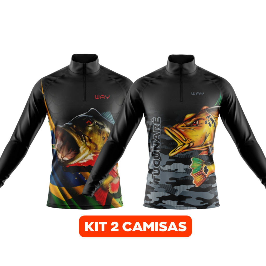 Kit 2 Camisas de Pesca Manga Longa Masculina com Proteção UV50+ Pescaria Tucunaré Black Bass