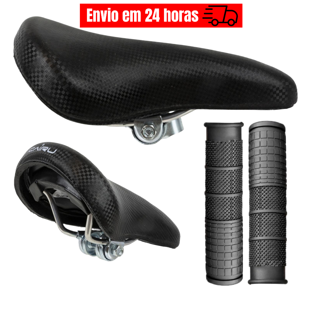 Banco Selim Cairu 507 PU Preto C/ Carrinho Confortável Bike Para Garupa Bagageiro Reta BH Bicicleta Par de Manoplas