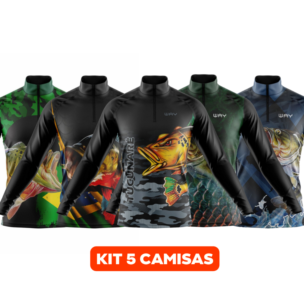 Kit 5 Camisas de Pesca Manga Longa Masculina Proteção Solar Confortável