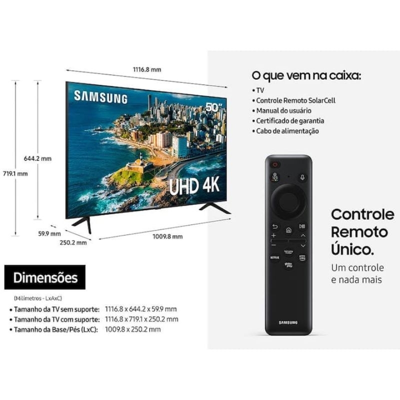 Smart TV 50" UHD 4K Samsung, Processador Crystal 4K, Samsung Gaming Hub, Visual Livre de Cabos, Tela sem limites, Alexa built in
