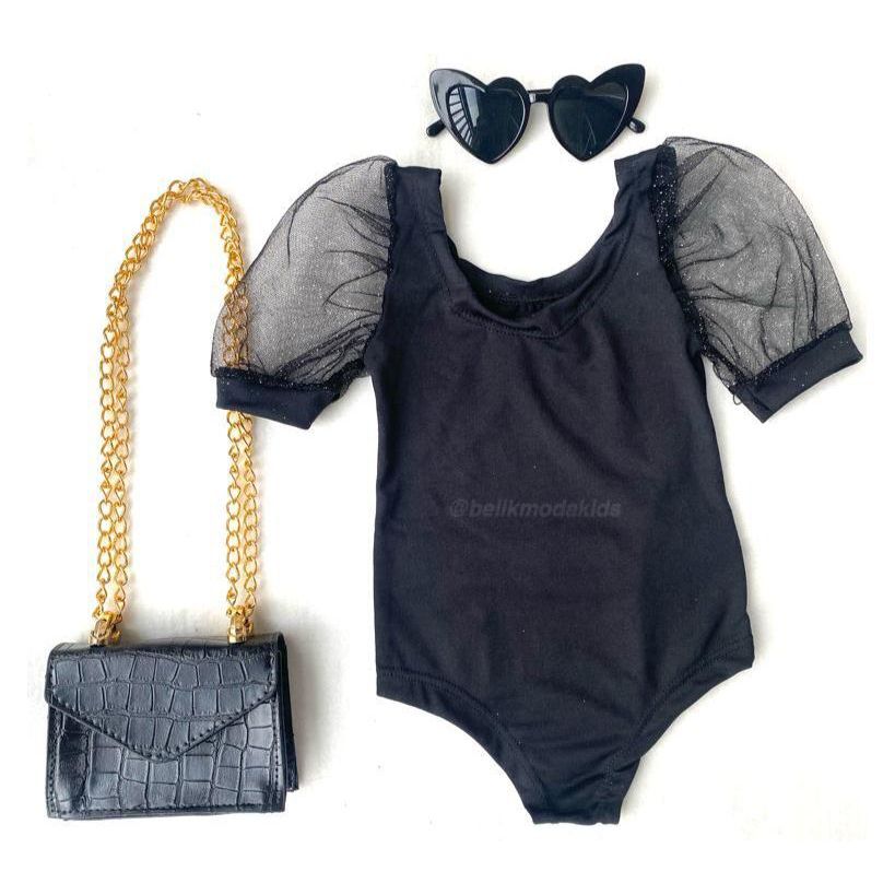 Body Manga Curta Tule Preto Brilhante Infantil Moda Bodi Festa Natal Ano Novo Bori Bory Menina Princesinha Blogueirinha
