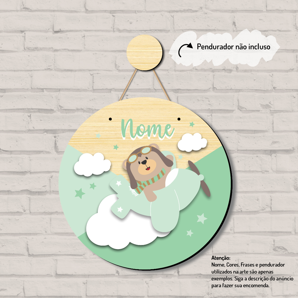 Placa Enfeite Porta Maternidade Ursinho Aviador Verde com NOME PERSONALIZADO Decoração Bebê