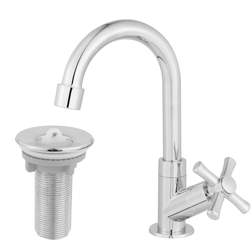Torneira Lavatório Abs De Bancada Para Banheiro C-31 Cromada + Válvula Lavatório ABS Cromada