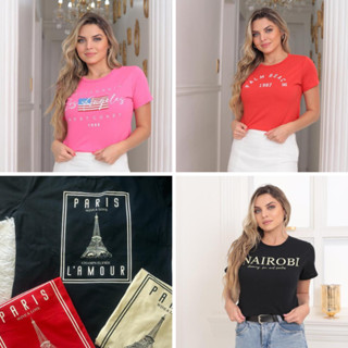 Camiseta Feminina 100% Algodão T-shirt Los Angeles, Palm Beach, New York, Nairobi, Paris Estampada Coleção Cidades Baby Look Blusinha