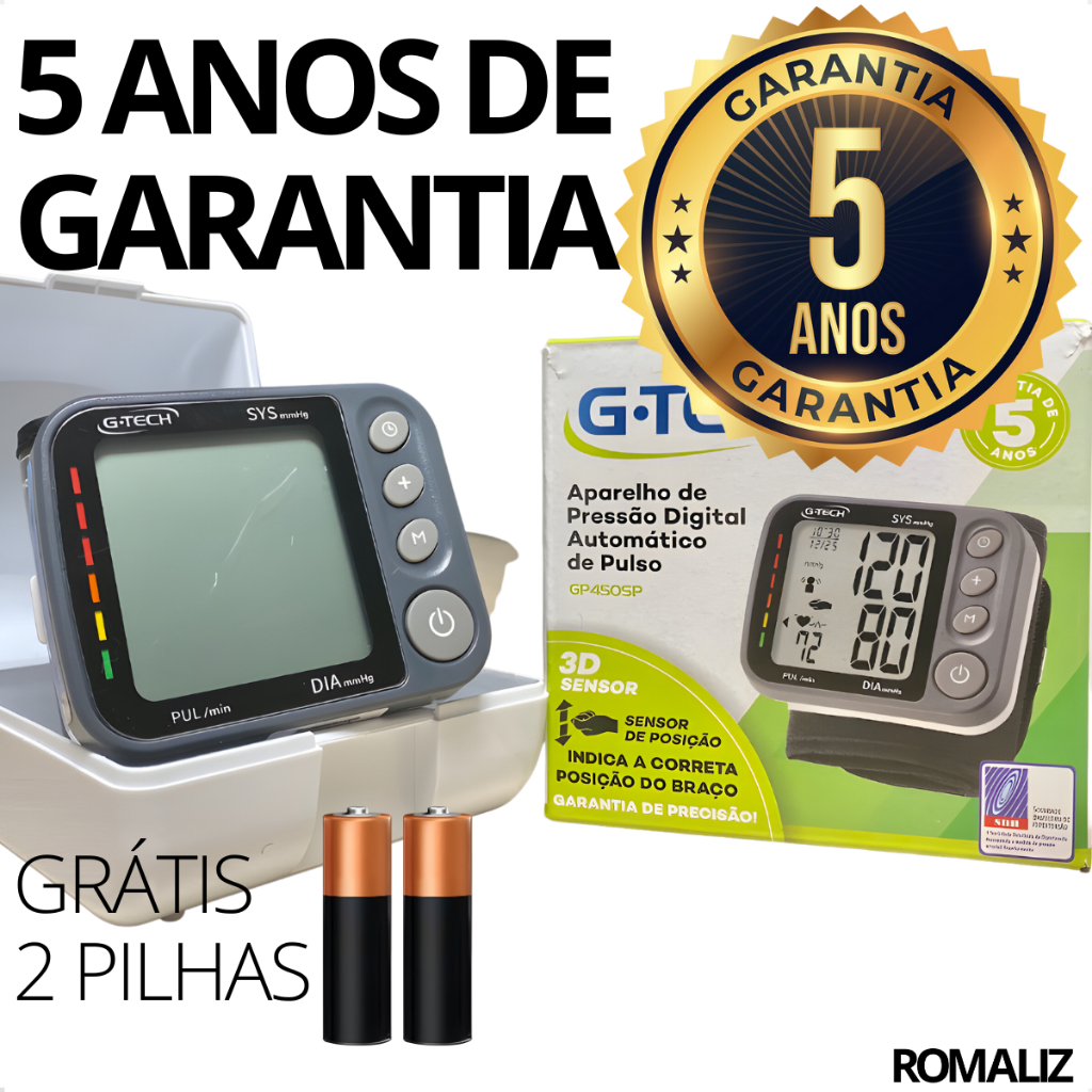 Aparelho de Pressão Arterial de Pulso Digital Medidor de Aferir Pressão G-Tech GP450 Sensor 3D