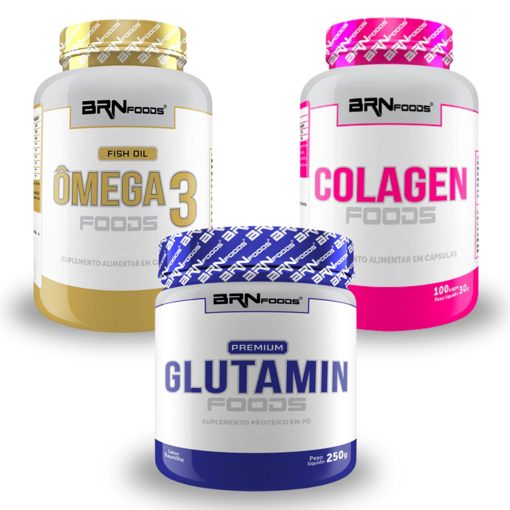 Kit Ômega 3 120 Cáps, Colágeno 100 Cáps, Glutamina 250g Baunilha - BRN Foods - Kit para Aumento de Imunidade