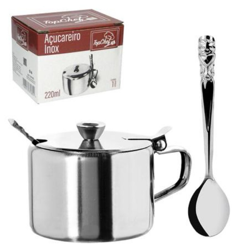 Açucareiro Com Colher Inox Com Tampa e Alça Uso Diario Prateado Luxo Utensilio De Cozinha
