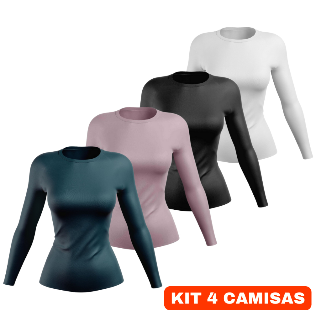 Kit 4 Camisas Feminina com Proteção UV Segunda Pele Blusa Manga Longa Academia P