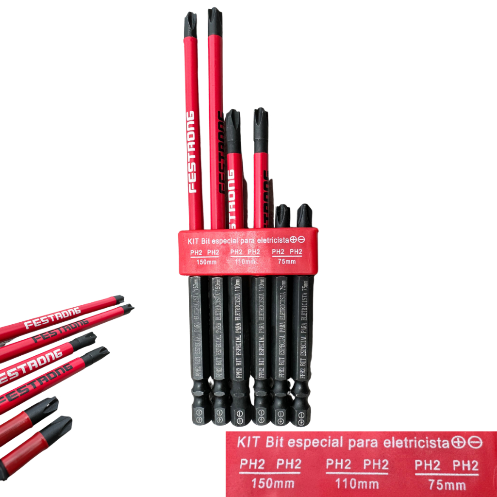 Kit Bits Isolado Especial para Eletricista Phillips PH2 6 Unidades