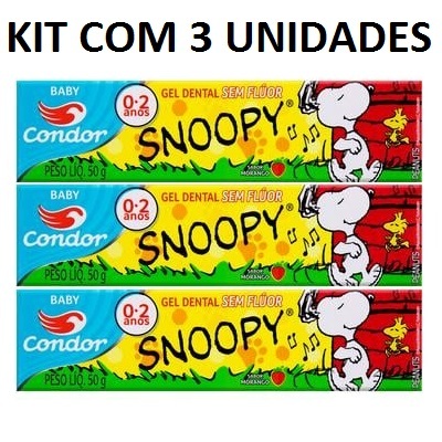 KIT COM 3 Gel Dental Infantil Sem Flúor Snoopy Sabor Morango 50G