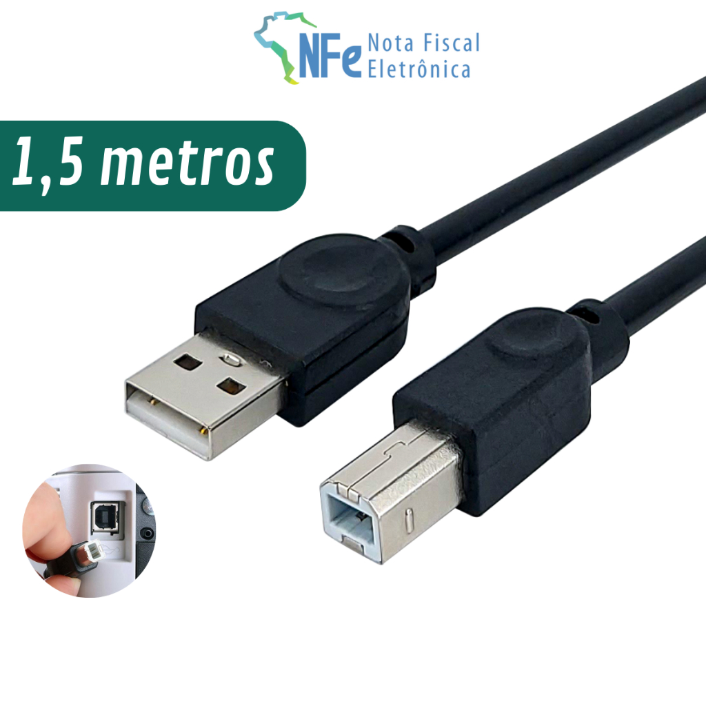Cabo USB Tipo B com 1,5 metros para Impressora Scanner Multifuncional Interface de áudio Instrumento