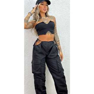 Calça Cargo Cintura Oca Feminina Jogger Bolso Com Aba