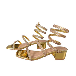 Sandália feminina salto bloco baixo espiral strass prata dourada