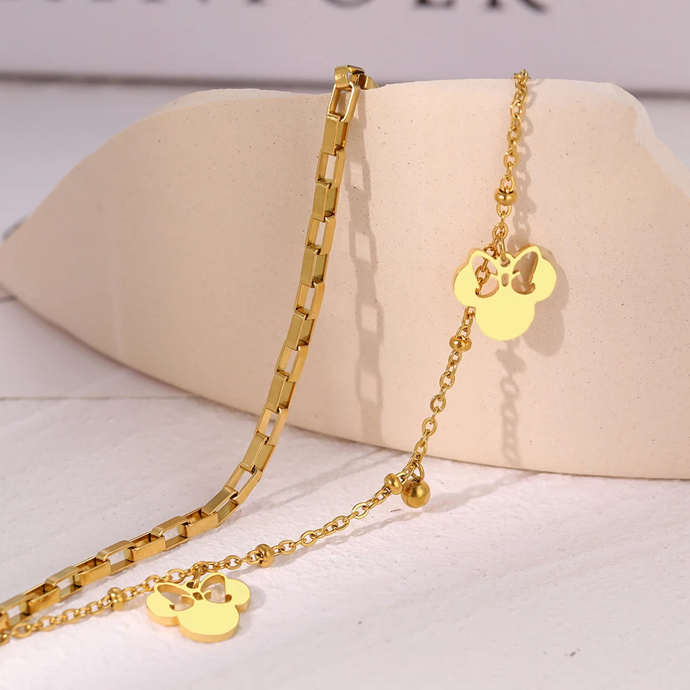 Pulseira de aço inoxidável feminina banhado ouro 18k dupla minnie