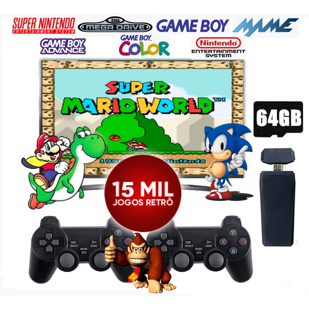 Vídeo Game Retrobox 15 mil jogos Retrô 2 Controles Stick Sem Fio Super Nintendo Mega drive Super Mario Word Sonic