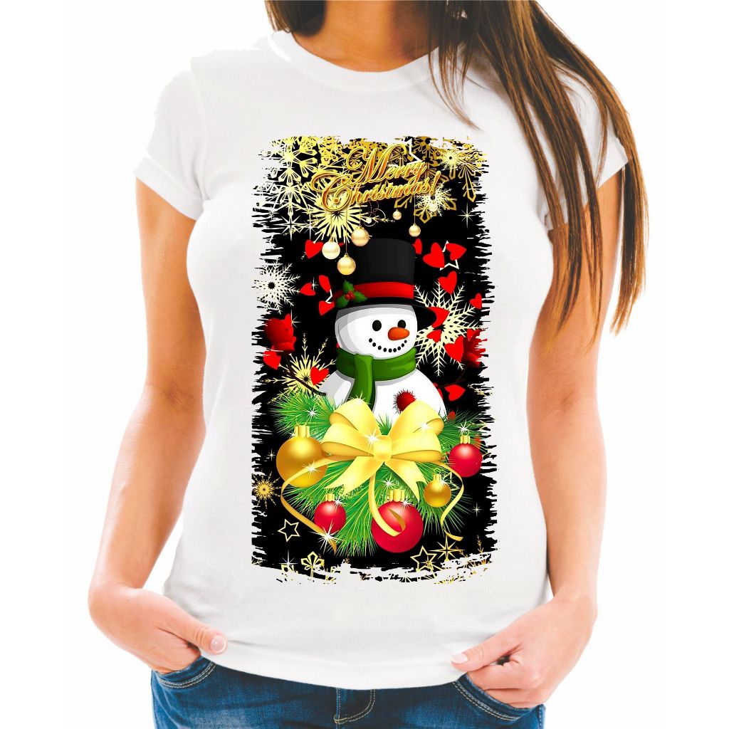 Camiseta Baby Look Raglan Feminina ou Camiseta Raglan Unissex Estampa Natal Boneco De Neve Bolas Coloridas 34