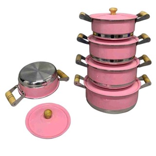 Jogo de Panelas 5 Peças Rosa Bebê Alumínio POP com Tampas