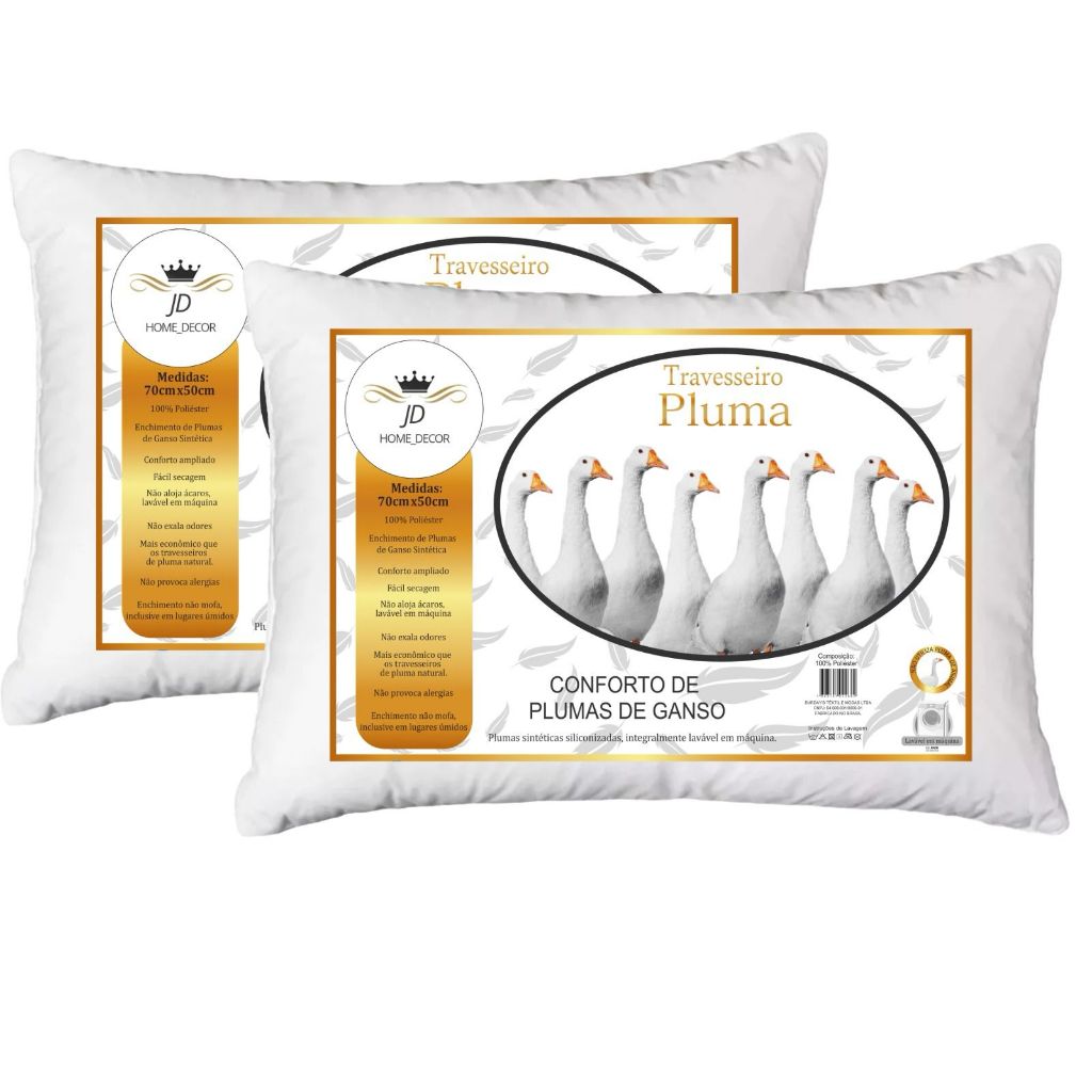 Kit 2 Travesseiros Penas E Plumas De Ganso Anti Alergico Material Sintético