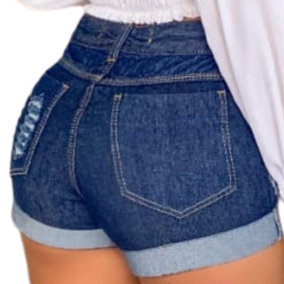 Short Jeans Feminino Barra Dobrada Rasgado Cós Alto 4 Botões Coberto 1 Bolso Rasgado Bermuda Luxo Cintura Alta Modela Bumbum Blogueira Promoção Imperdivel!