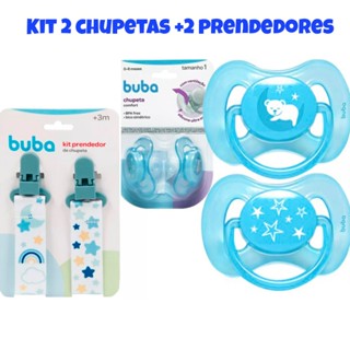 Kit 2 Prendedores de Chupeta mais 2 Chupetas Bicos de Silicone Bico Buba Bebê